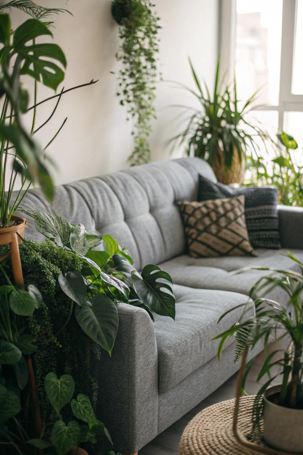 Indoor plants breathe life into a grey couch setup.