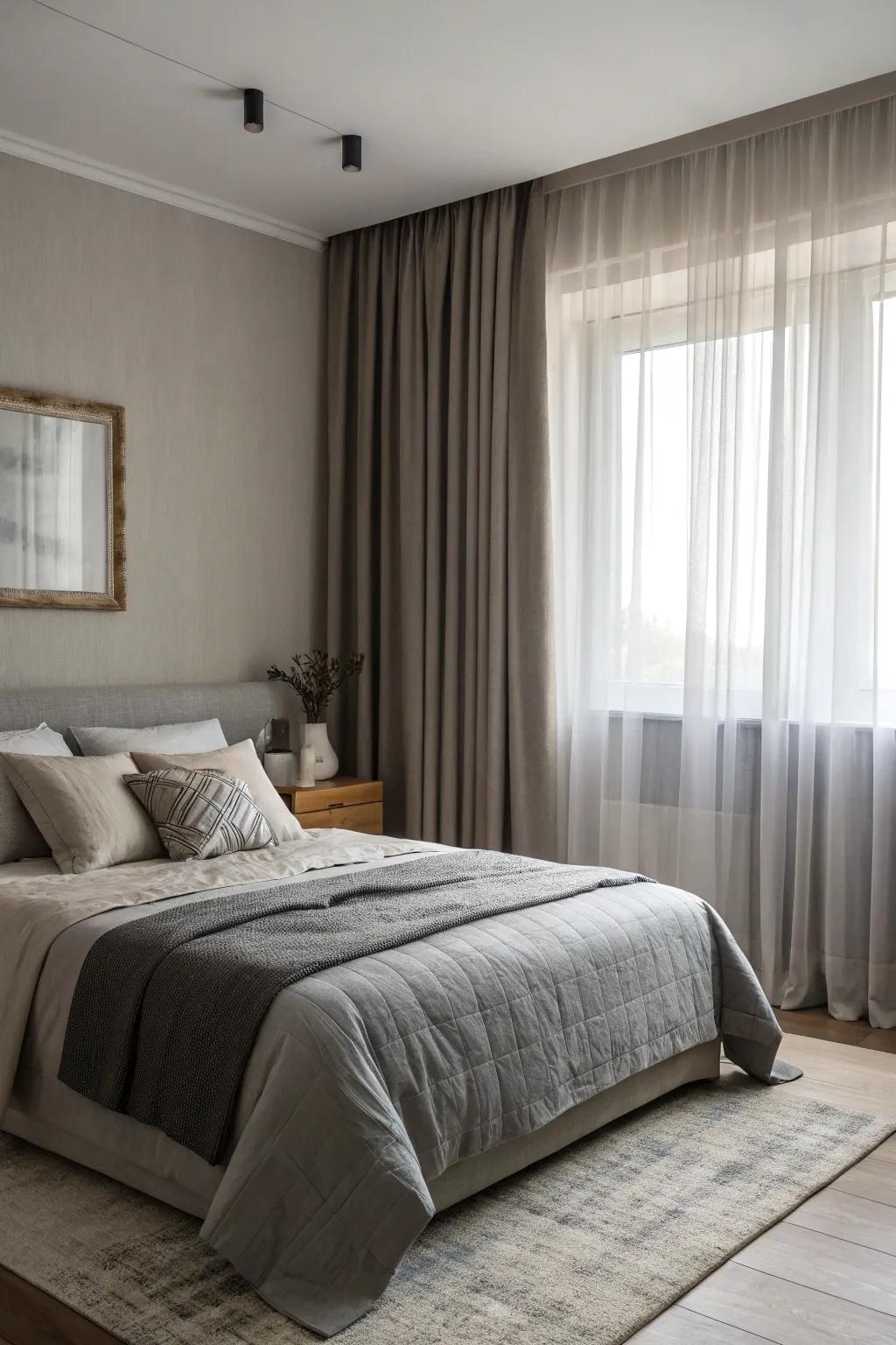 Layer varied grey tones for a serene, monochromatic bedroom.