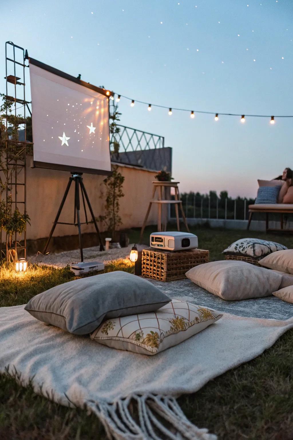 A cozy outdoor movie night setup, perfect for a half birthday celebration under the stars.