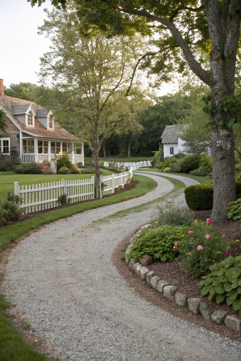 Gravel pathways provide a rustic and inviting touch.