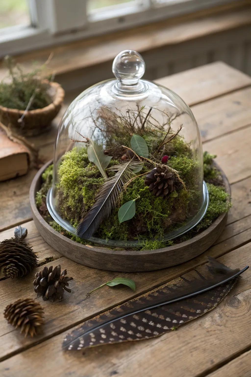 A cloche with natural elements for a forest-like atmosphere.