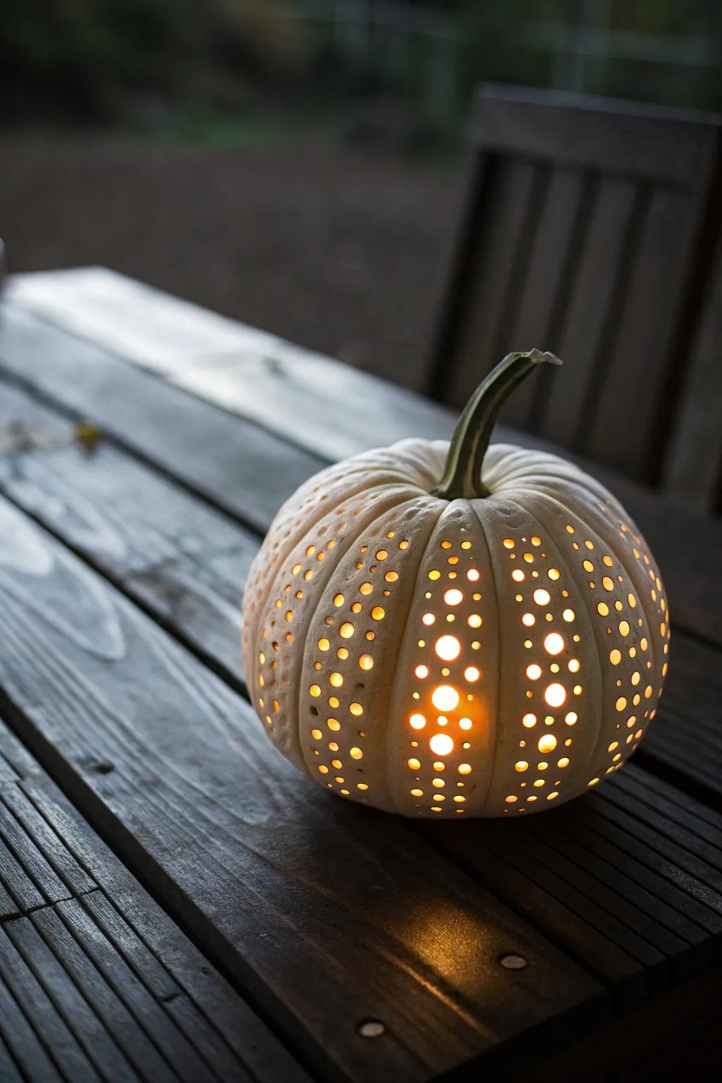 Refined circle patterns transform gourds into magnificent lanterns.