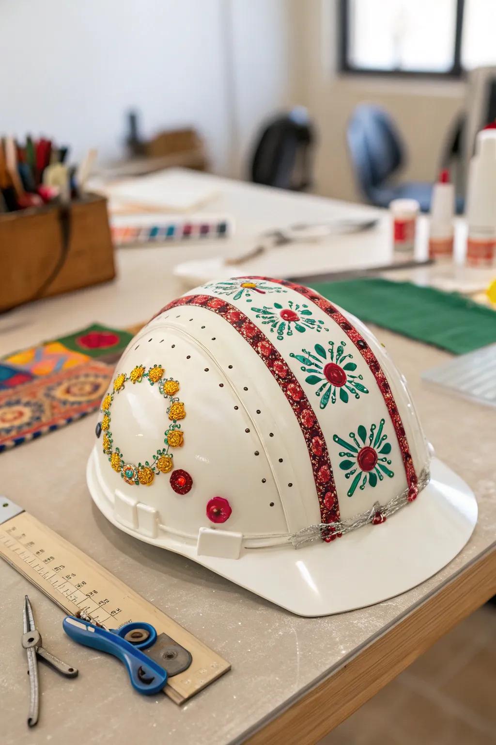 A safety helmet uniquely styled through DIY artistry.