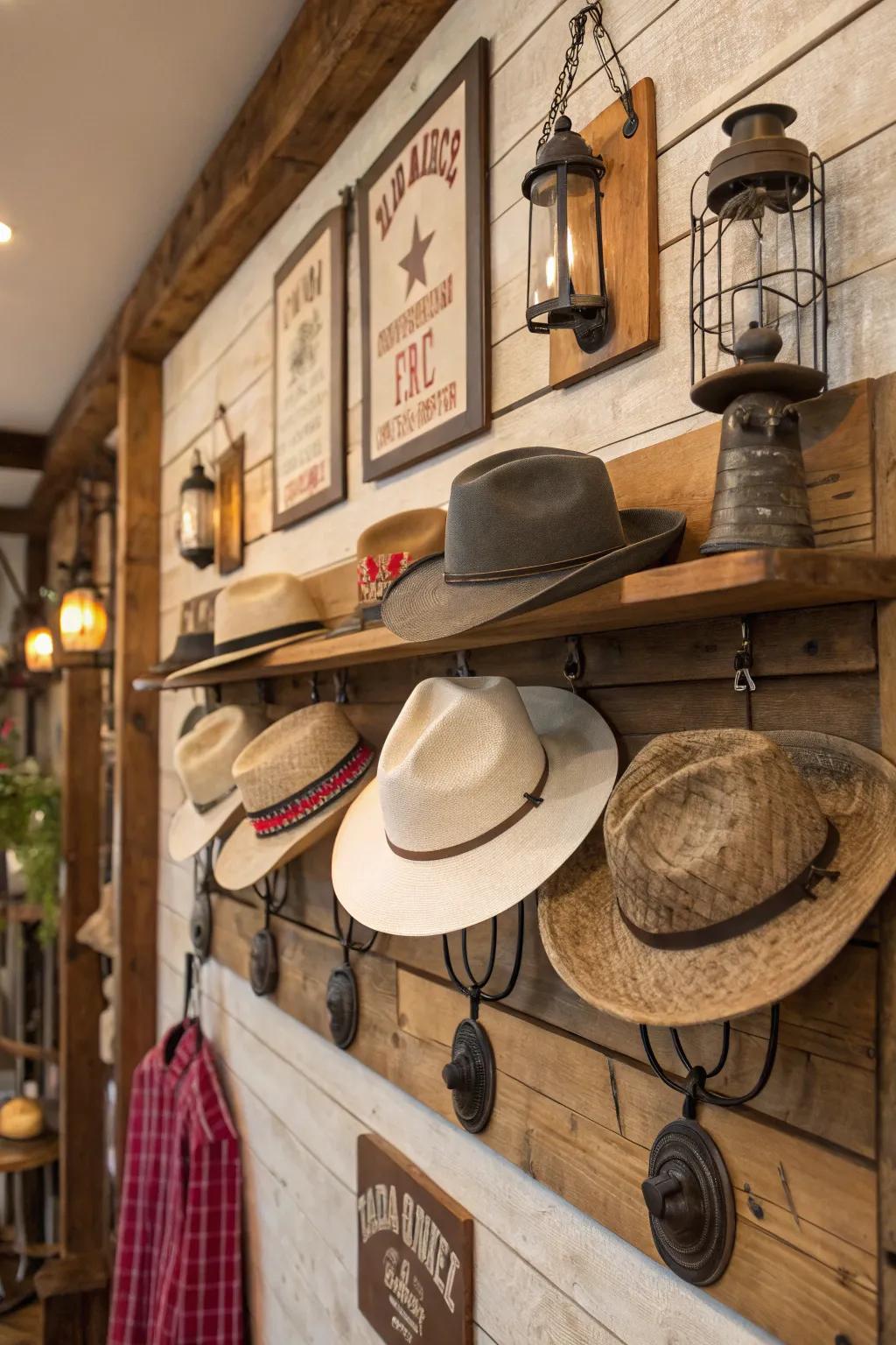 A countryside theme infuses personality into your hat presentation.