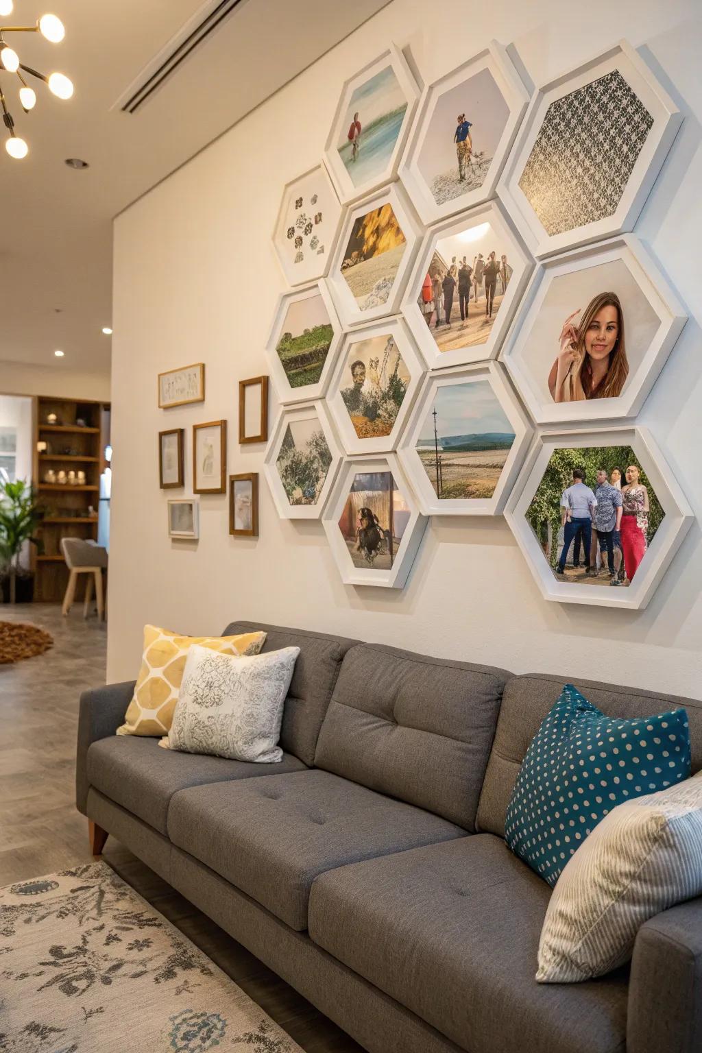 Hexagon frames create a distinctive and personal gallery wall.