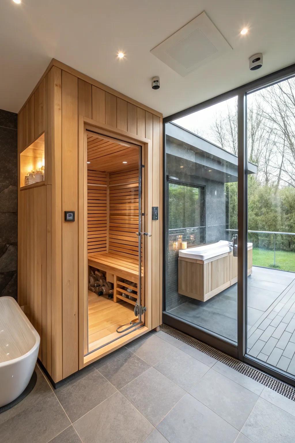 A sauna perfectly integrated with a modern bathroom for added convenience.