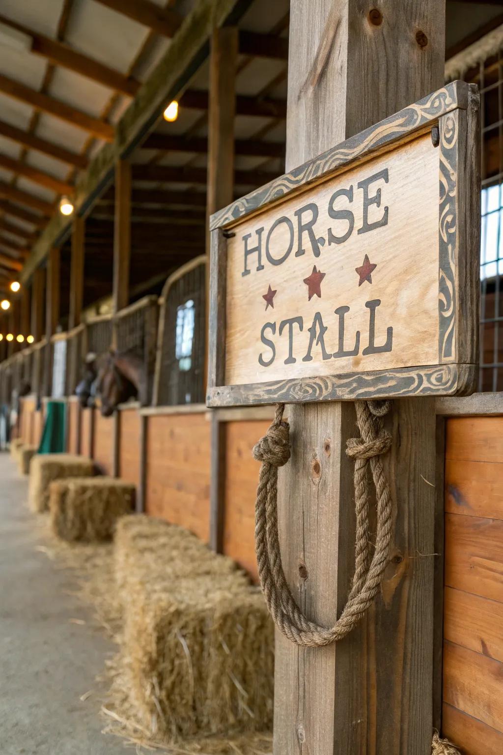 Rustic rope accents enhancing a stall sign.