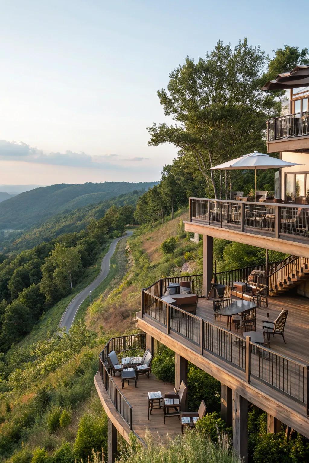 Multi-level decks offer diverse outdoor experiences and views.