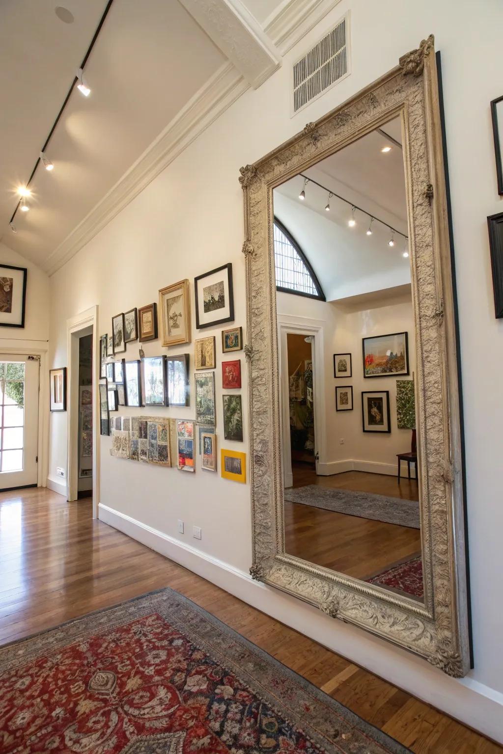 Gallery arrangements and mirrors enrich levels of visual intrigue.