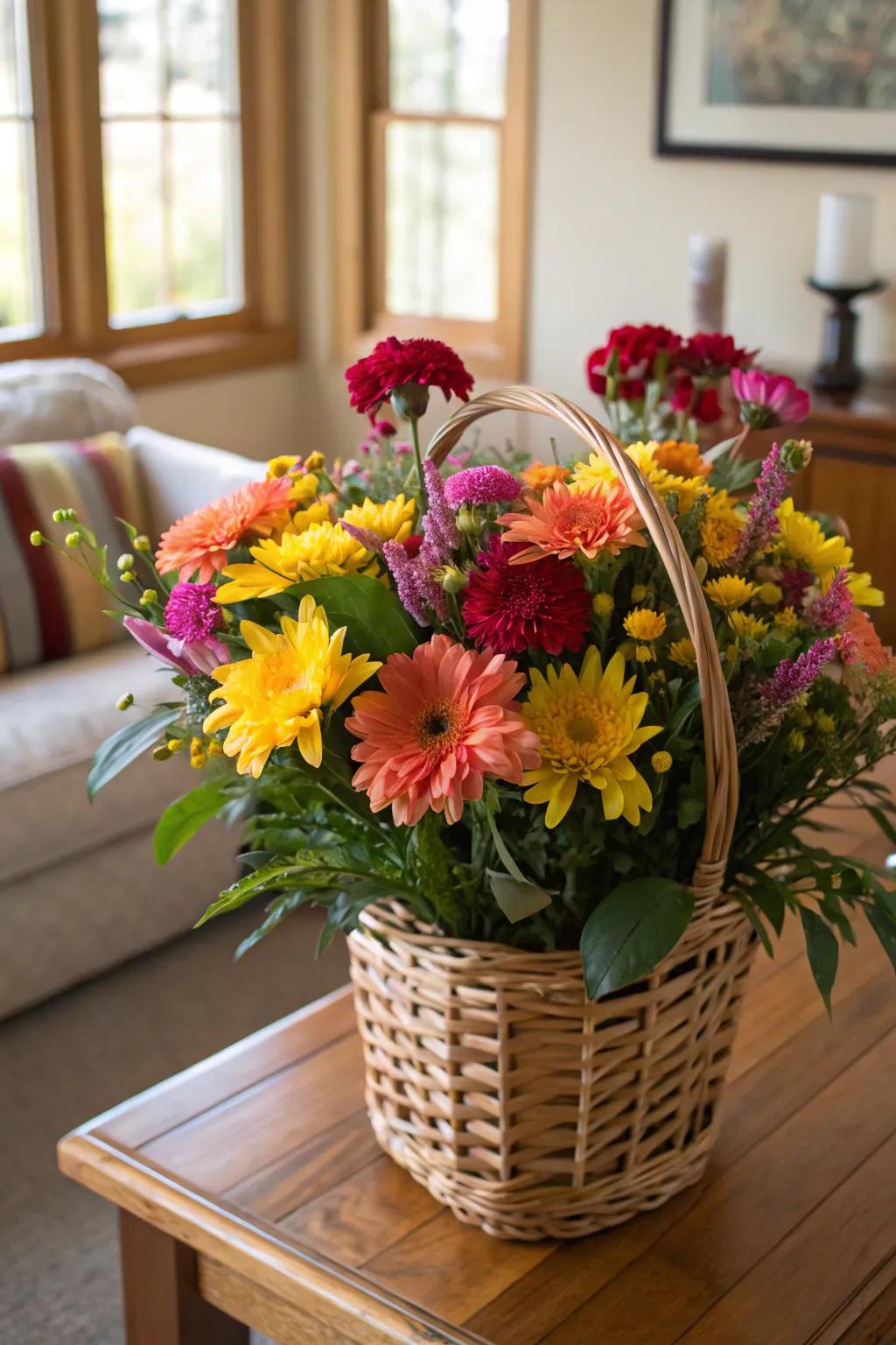 Floral displays in baskets add a vibrant, colorful look.