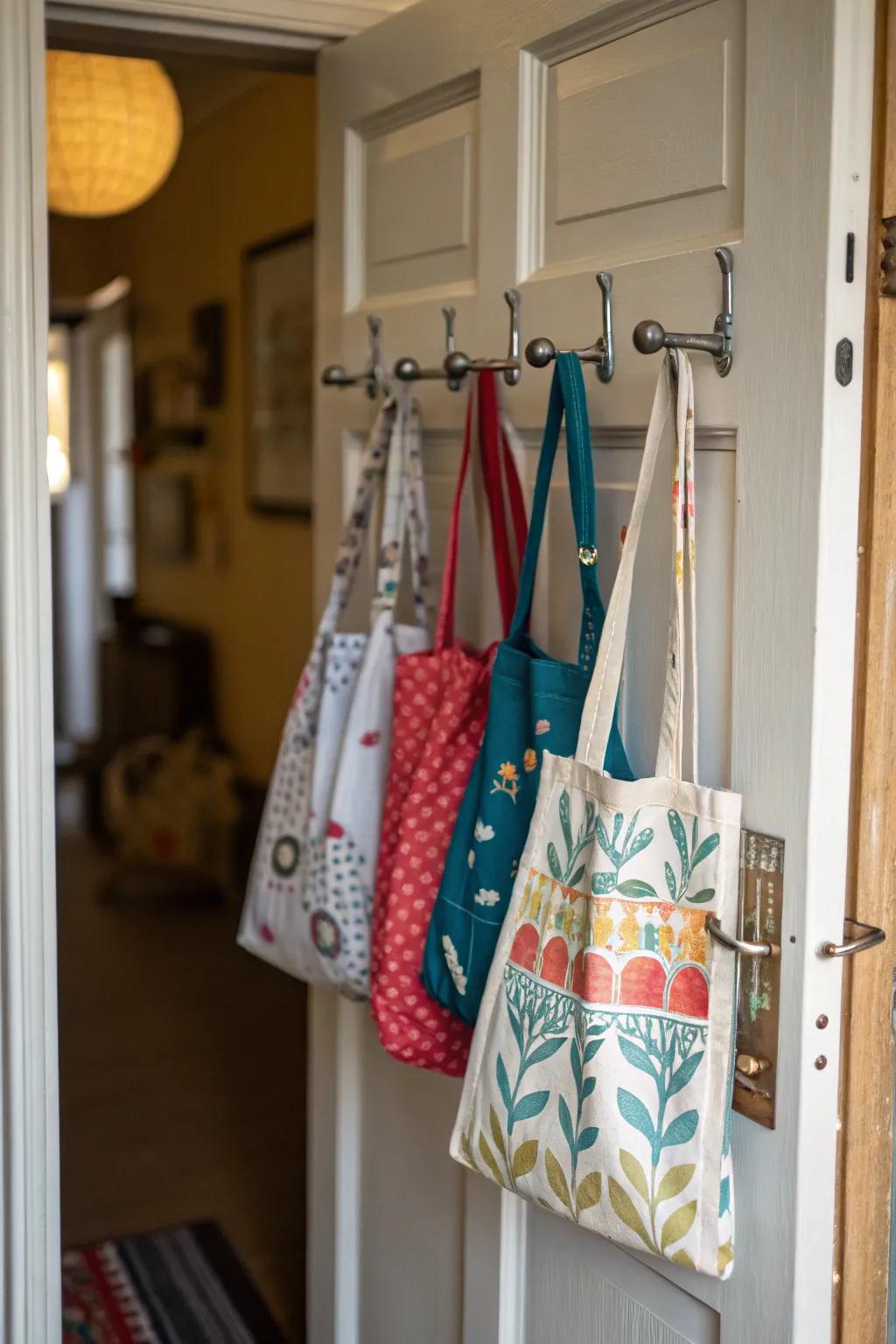 Over-door attachments harness vertical space for storing bags effectively.