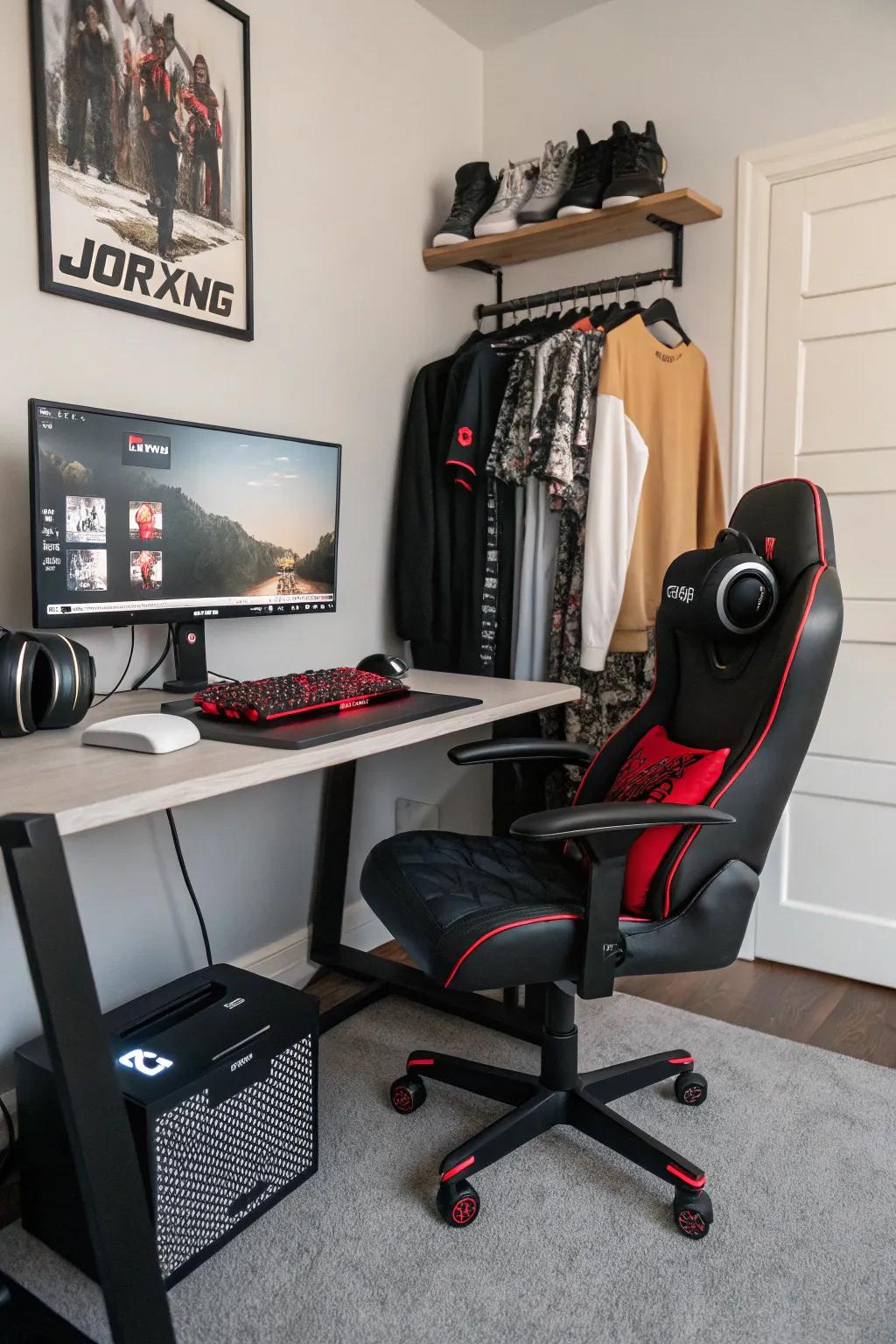 A gaming setup integrating tech with streetwear style.