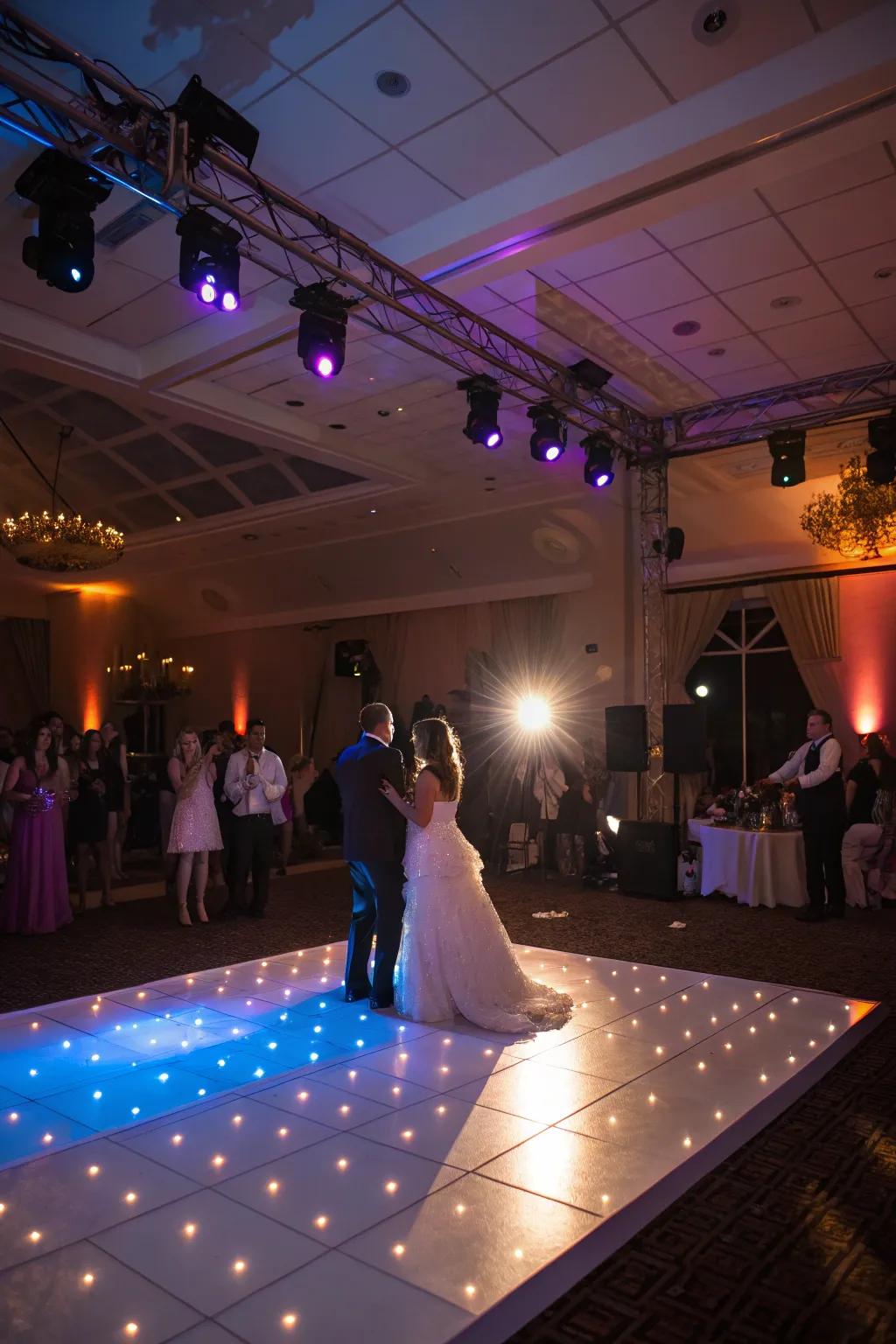 Spotlights and uplighting highlight key reception areas.