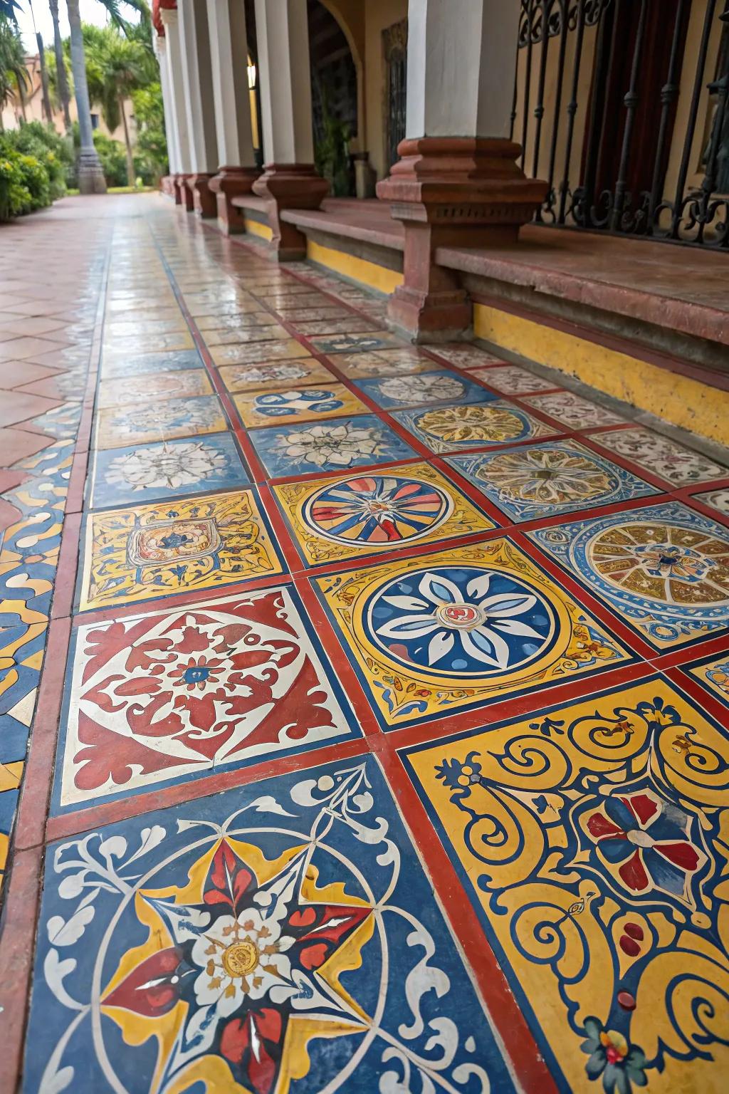 Decorative tiles bring beauty and practicality to the floors.