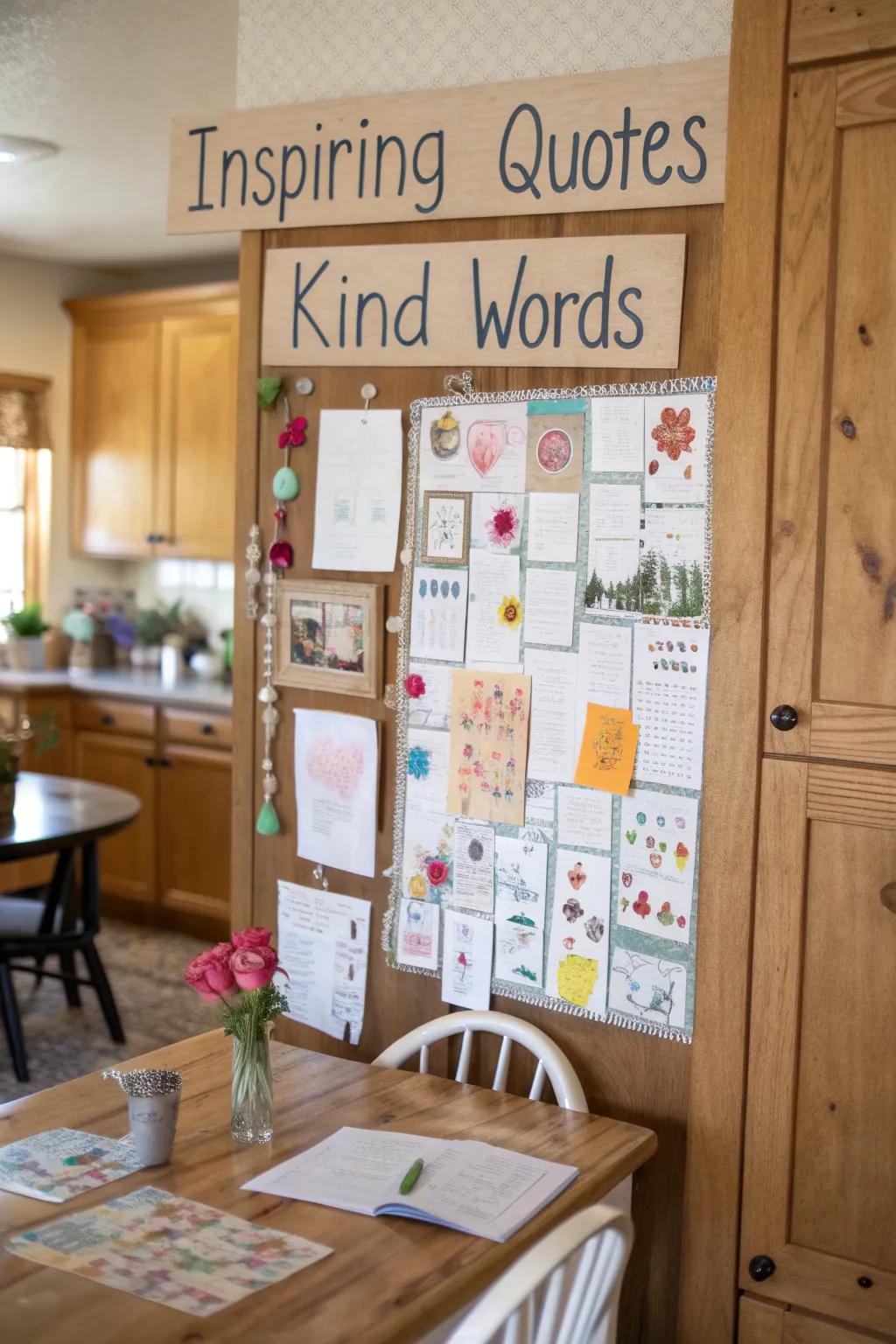 A kitchen kindness bulletin board with inspiring quotes and words of encouragement.