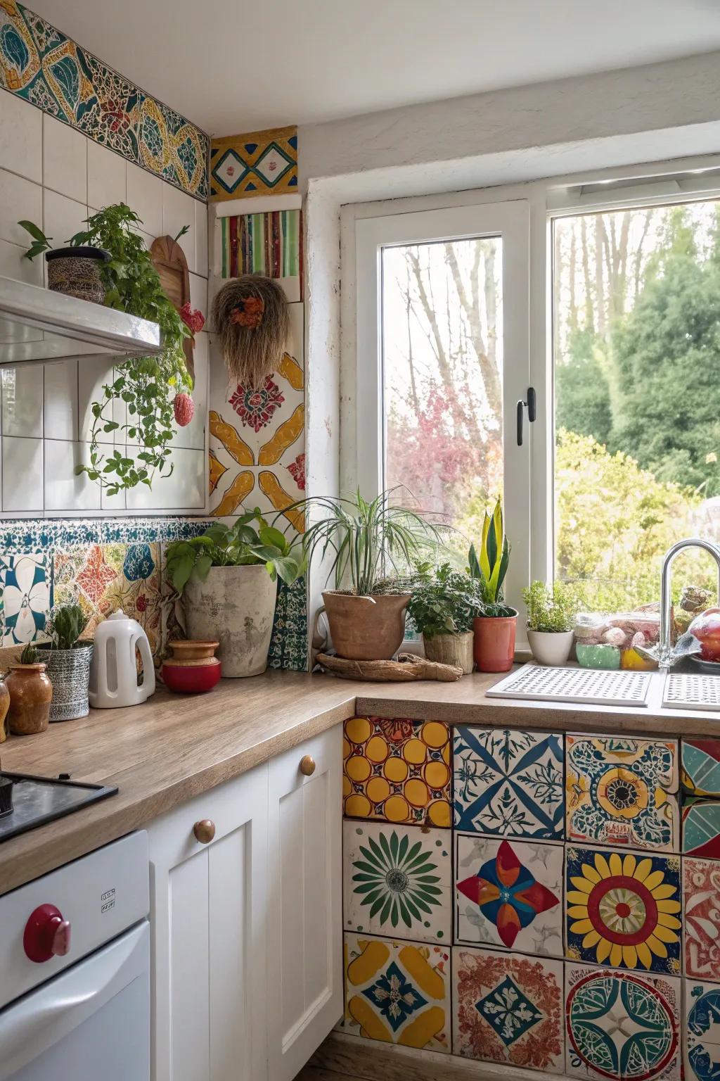 A vibrant tile and window ensemble that introduces a burst of personality to the kitchen.
