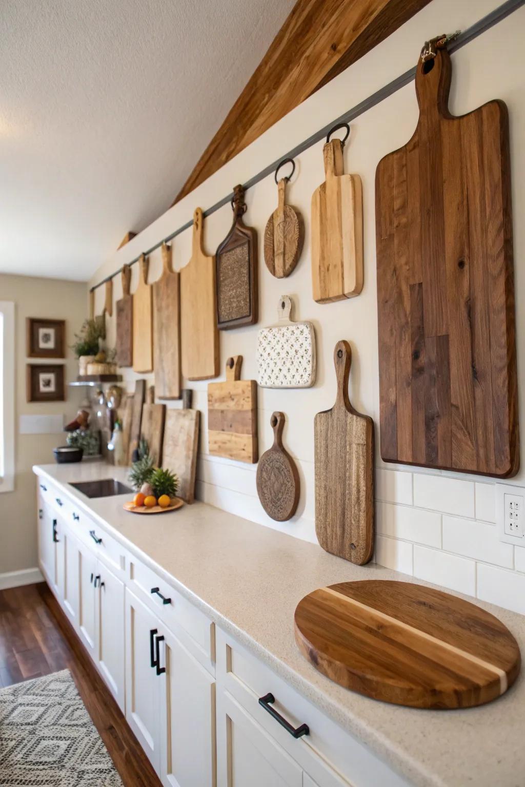 A gallery wall of cutting boards becomes a striking artistic feature in the kitchen.