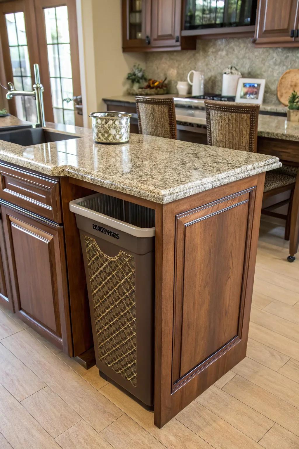 A hidden trash bin keeps the kitchen island looking elegant.