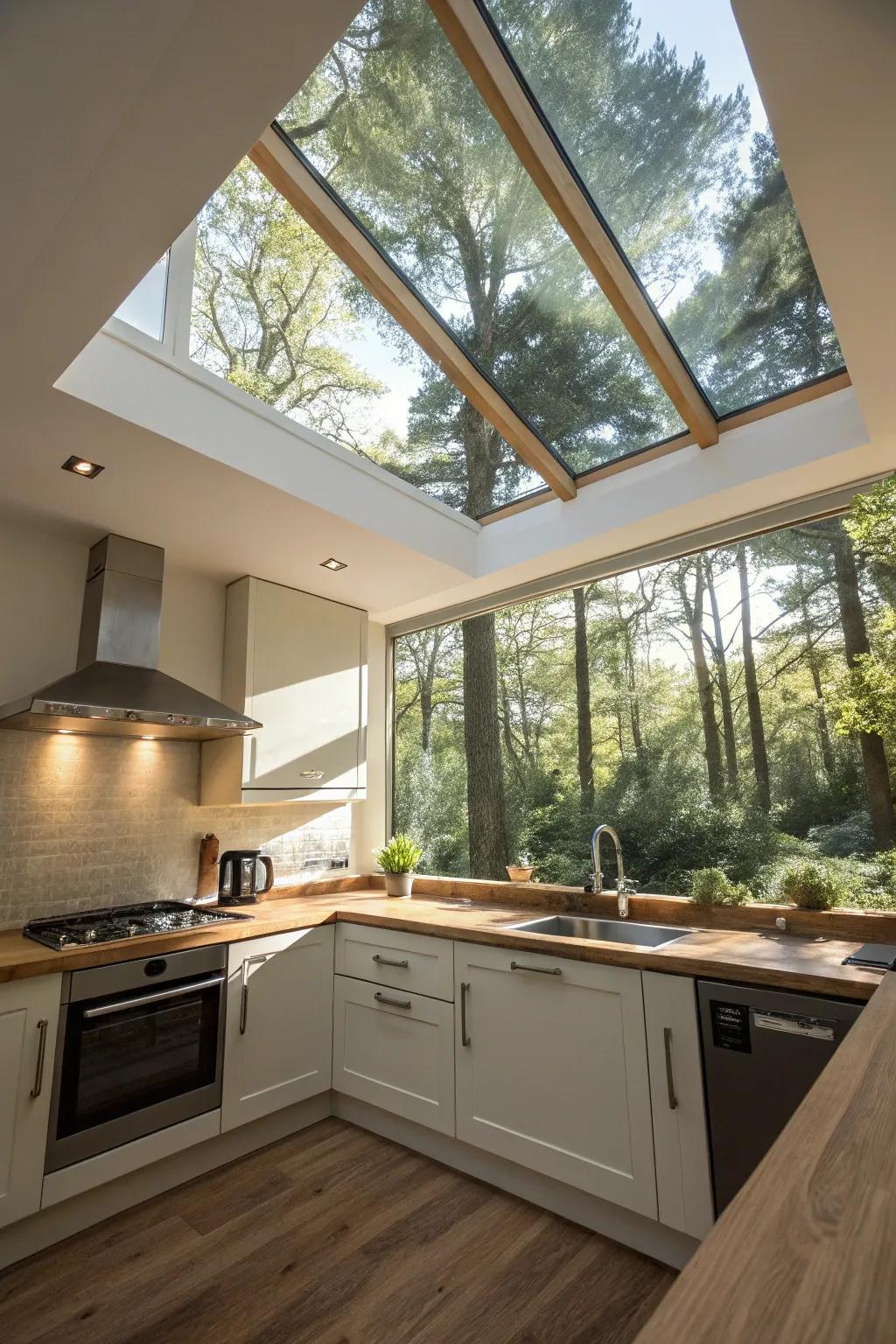 A skylight provides an astonishing outdoor perspective, bringing natural beauty inside.