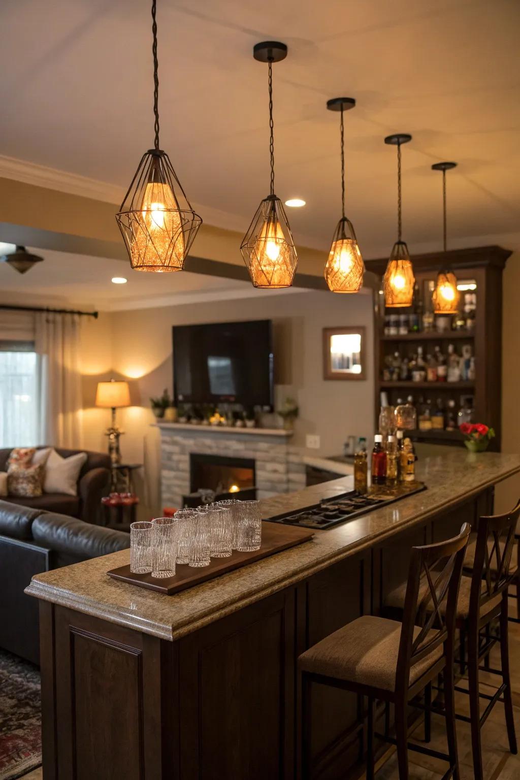 Pleasant lighting transforms this bar into a comfortable sanctuary.