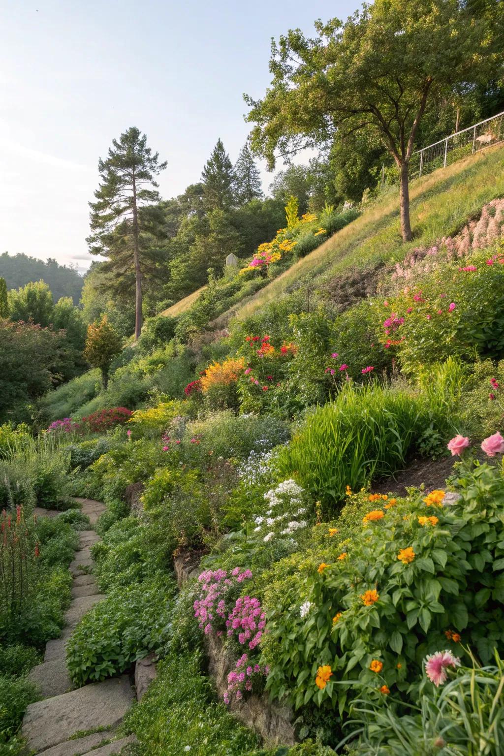 Luxuriant plantings infuse color and texture into gardens on a slope.