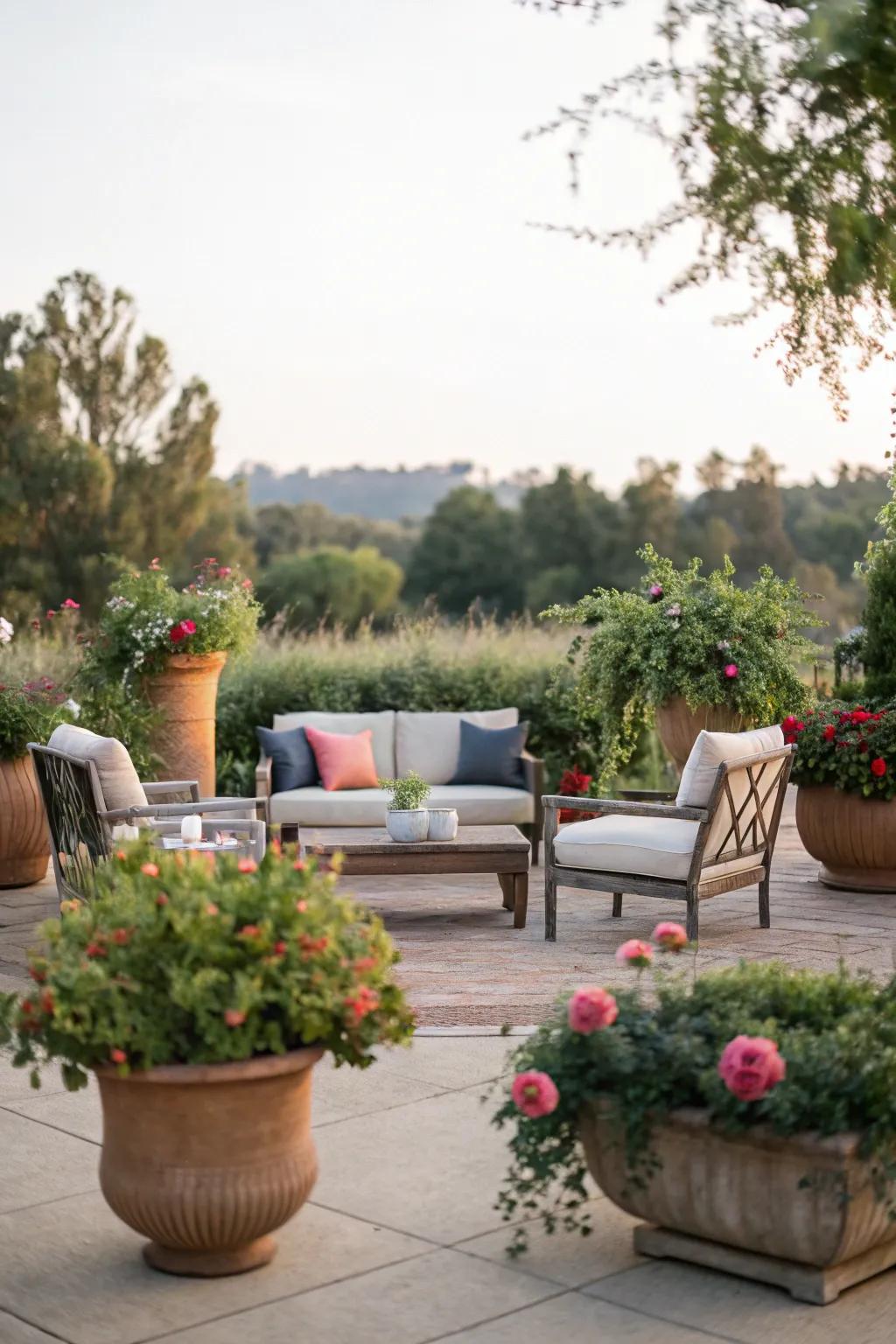 Enrich your outdoor lounge with verdant pot arrangements.