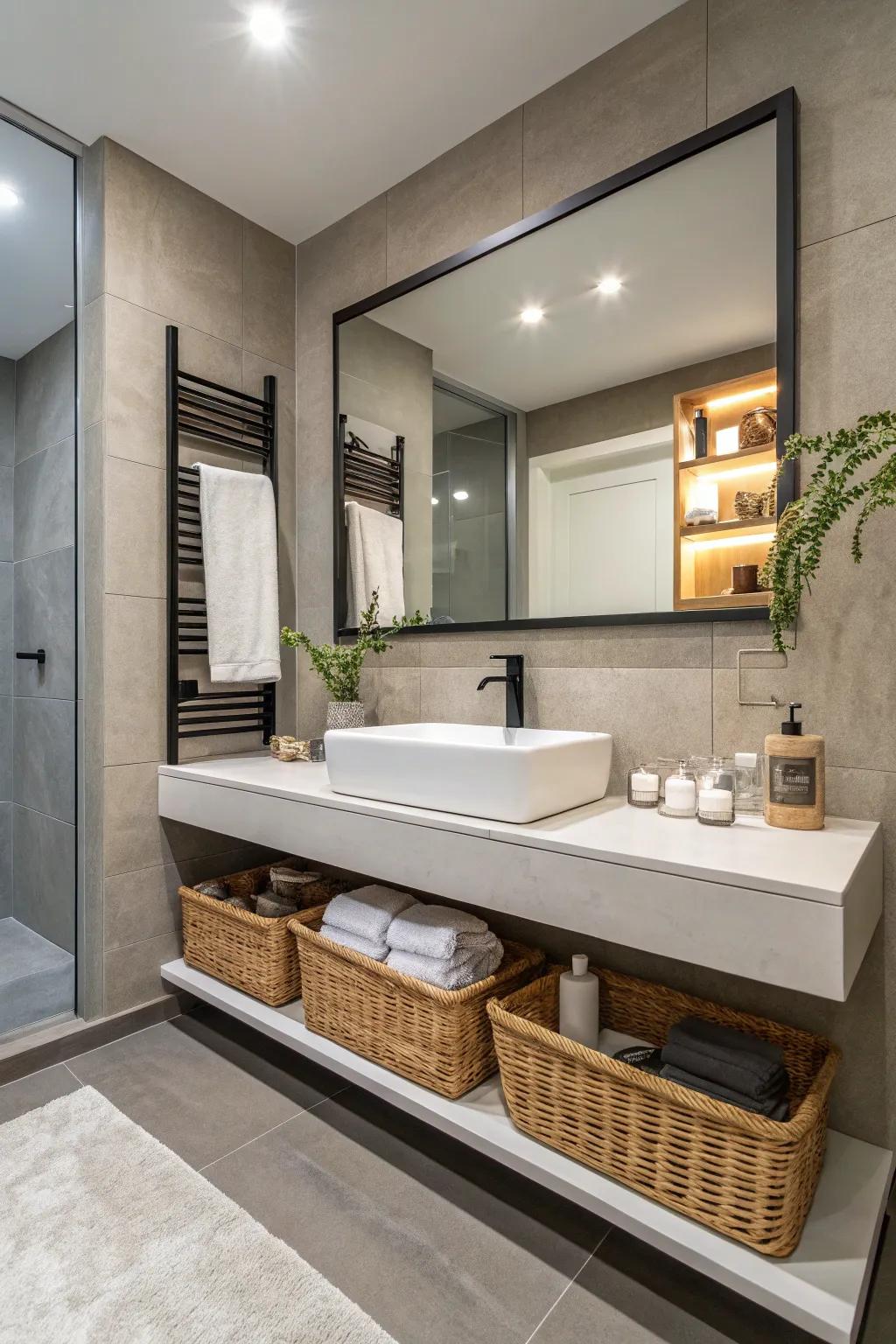 Floating ledges beneath mirrors provide both elegance and practicality.