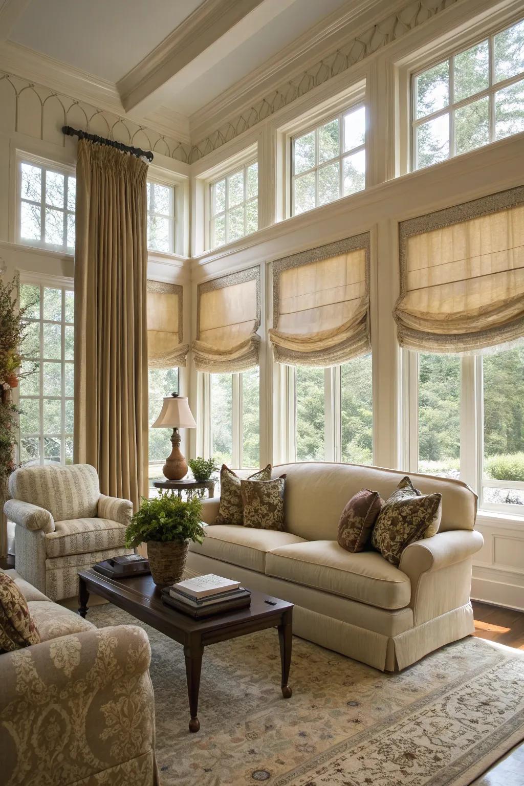 Roman shades offer a tailored and elegant appearance.