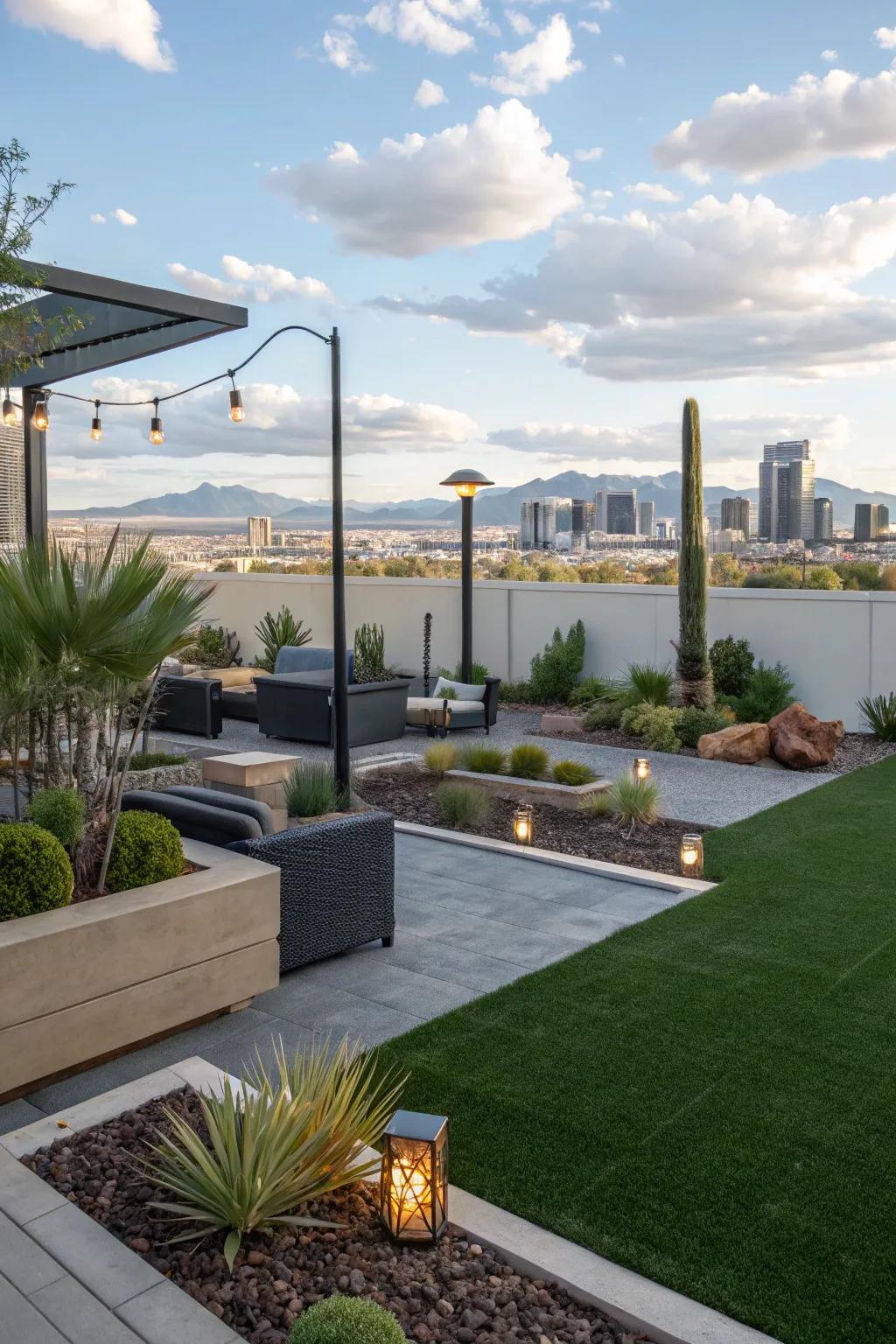 Green artificial turf in a Las Vegas backyard with desert landscaping.