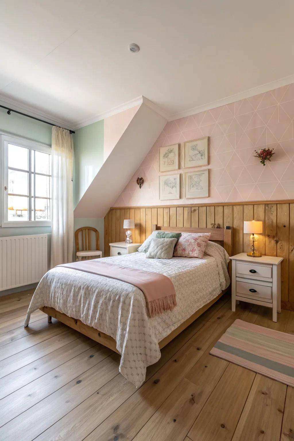 A pastel accent wall emphasizing pale timber flooring.