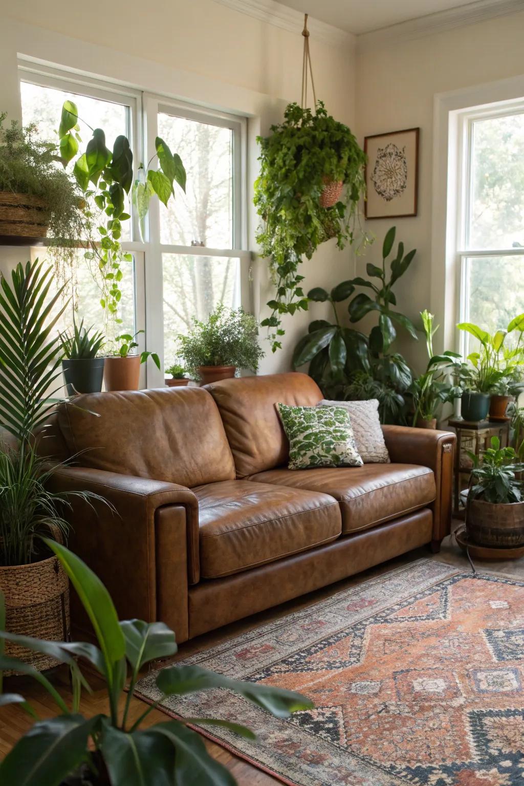 Greenery brings life and color to the living room.