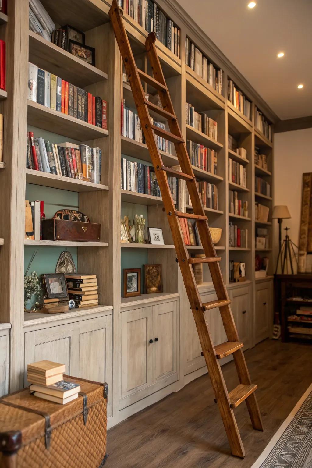 A rolling ladder adds both charm and practicality to tall bookshelves.