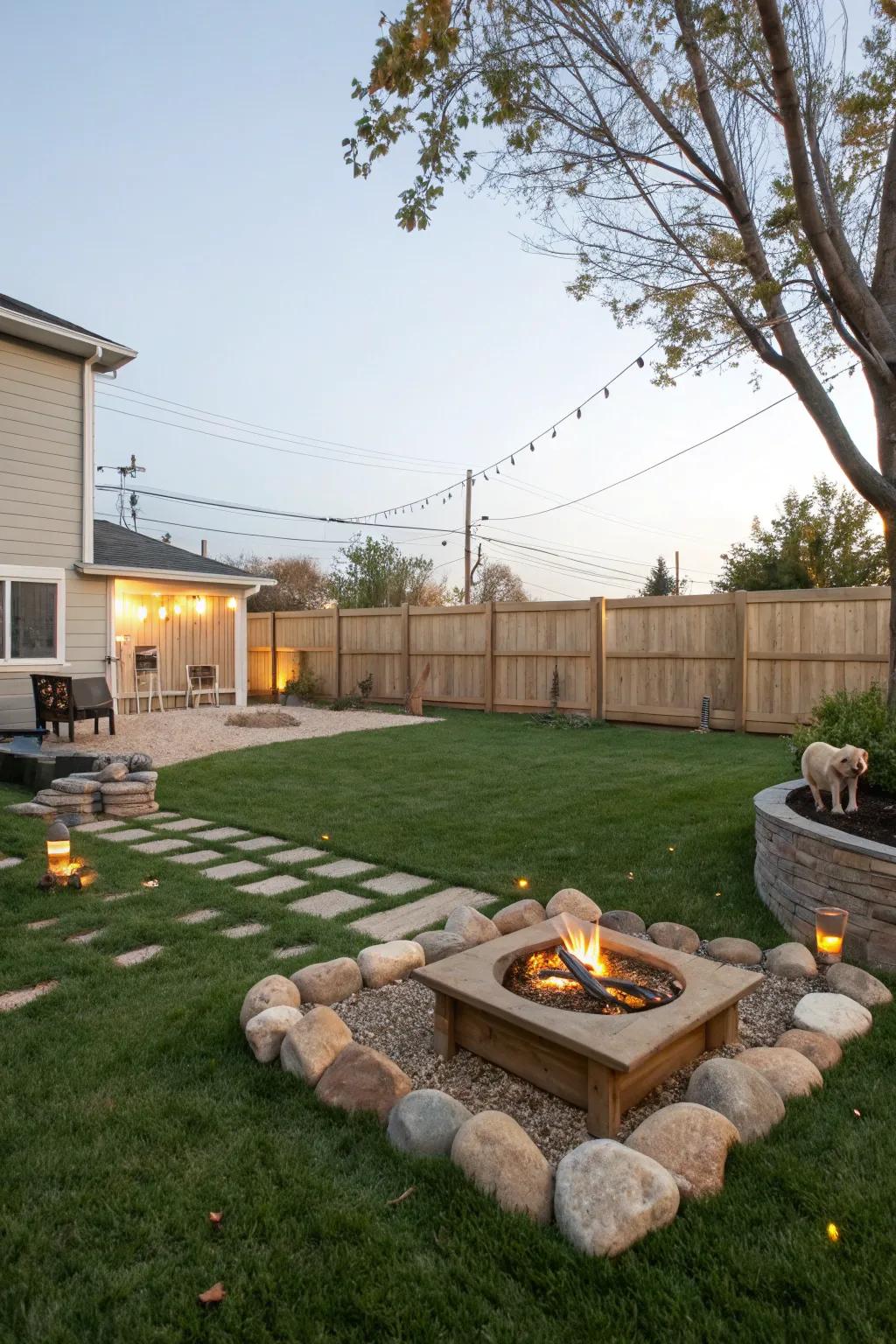 A cozy fire pit area that complements a pet-friendly environment.