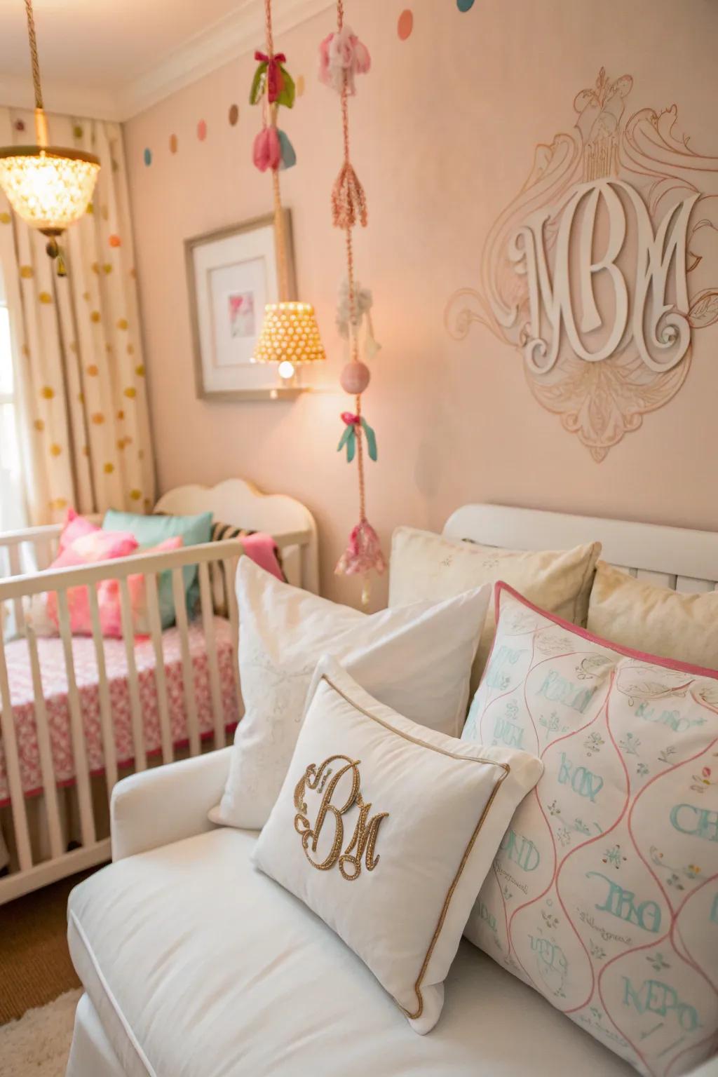 A nursery featuring stylish accessories like monogrammed pillows and themed decor.