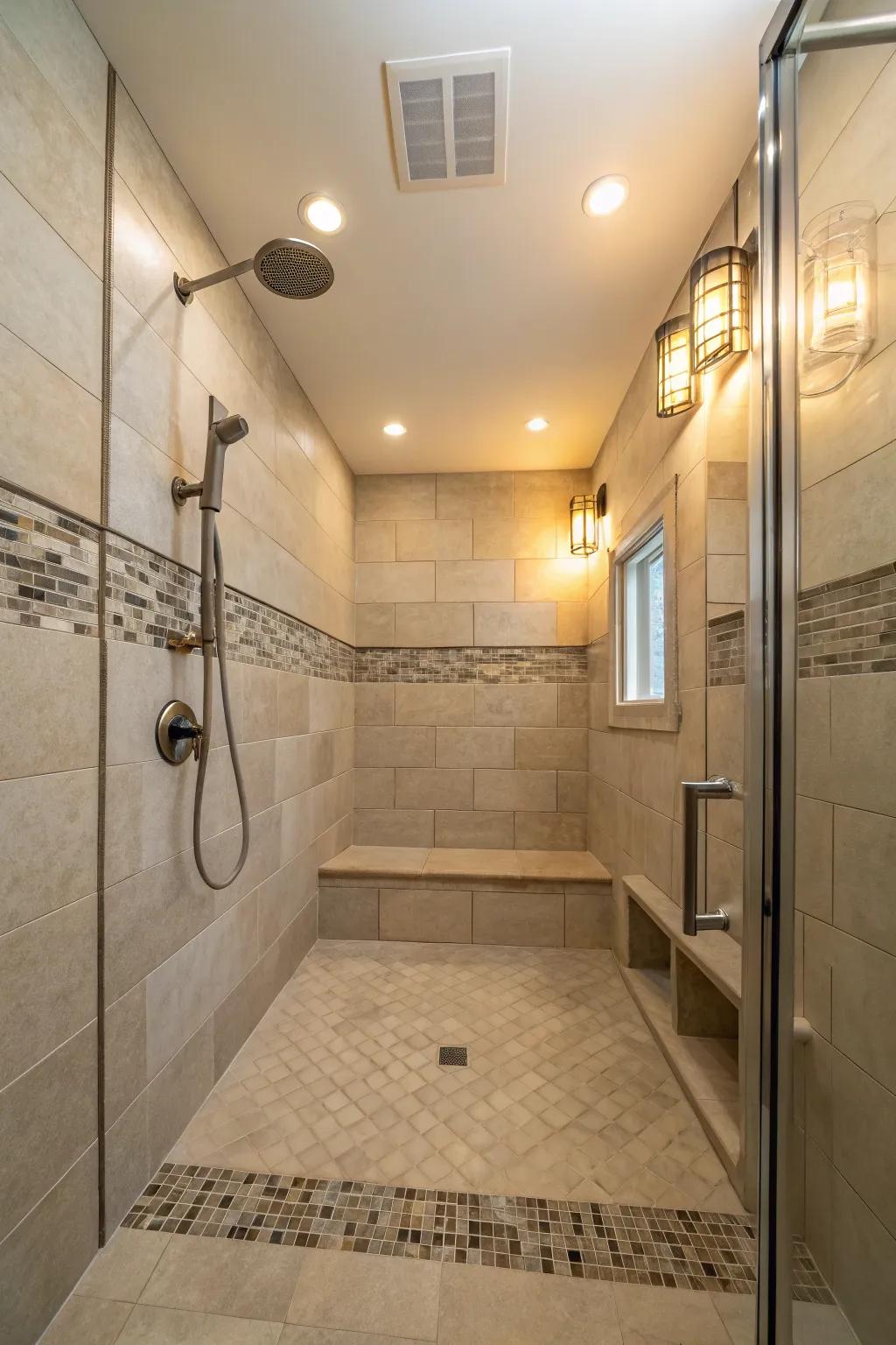 A serene walk-in shower featuring subdued and organic tones.