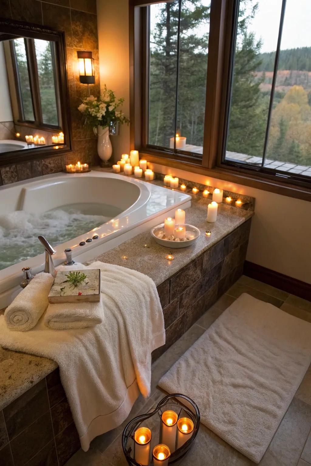 Warmth and comfort are highlighted with welcoming elements around the hydromassage tub.