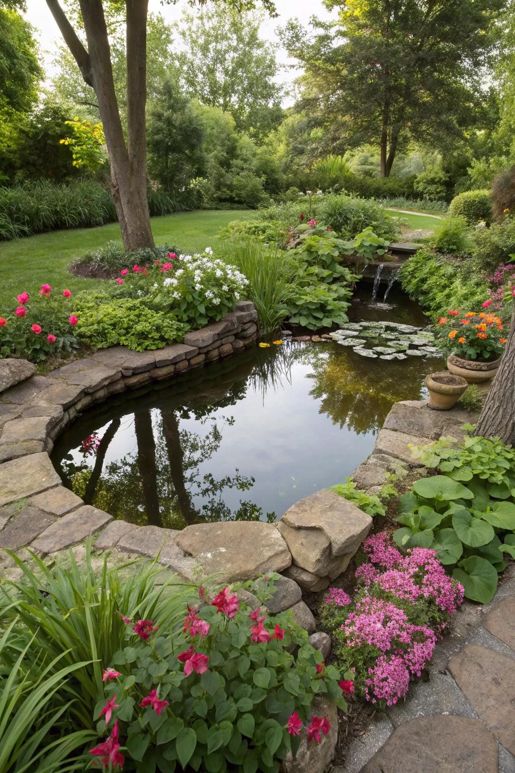 A mini pond harmoniously integrated into the garden landscape.