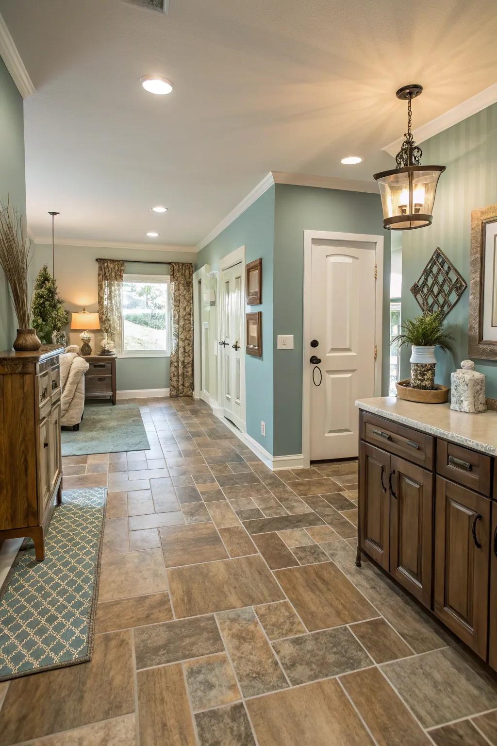 A unified color scheme links disparate flooring styles for a seamless aesthetic.