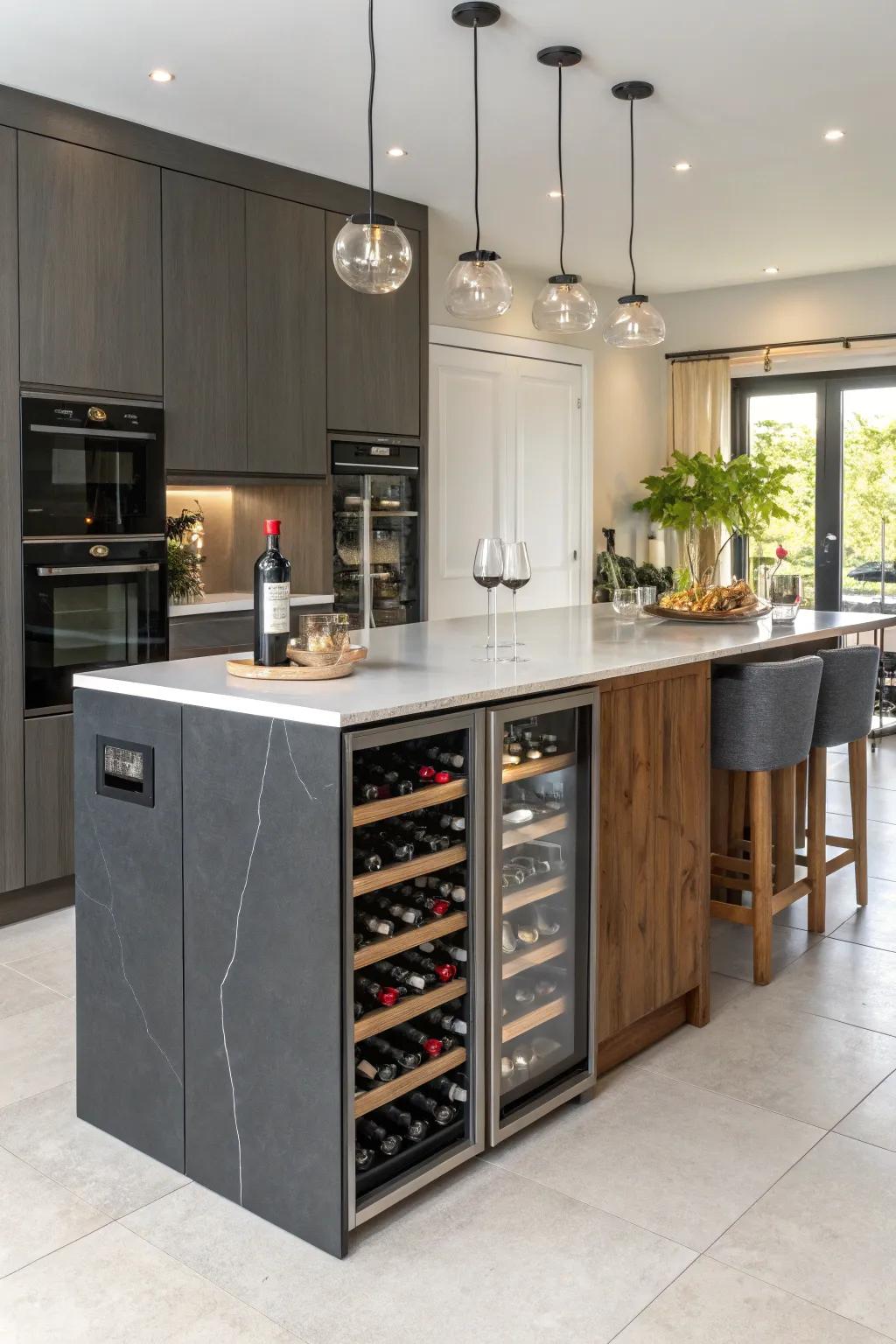 A stylish kitchen island for wine enthusiasts.