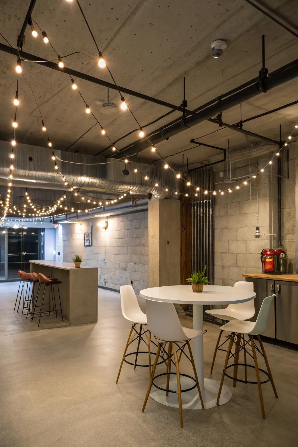 Linked lights decorate the basement with whimsical attraction and a current elegance.