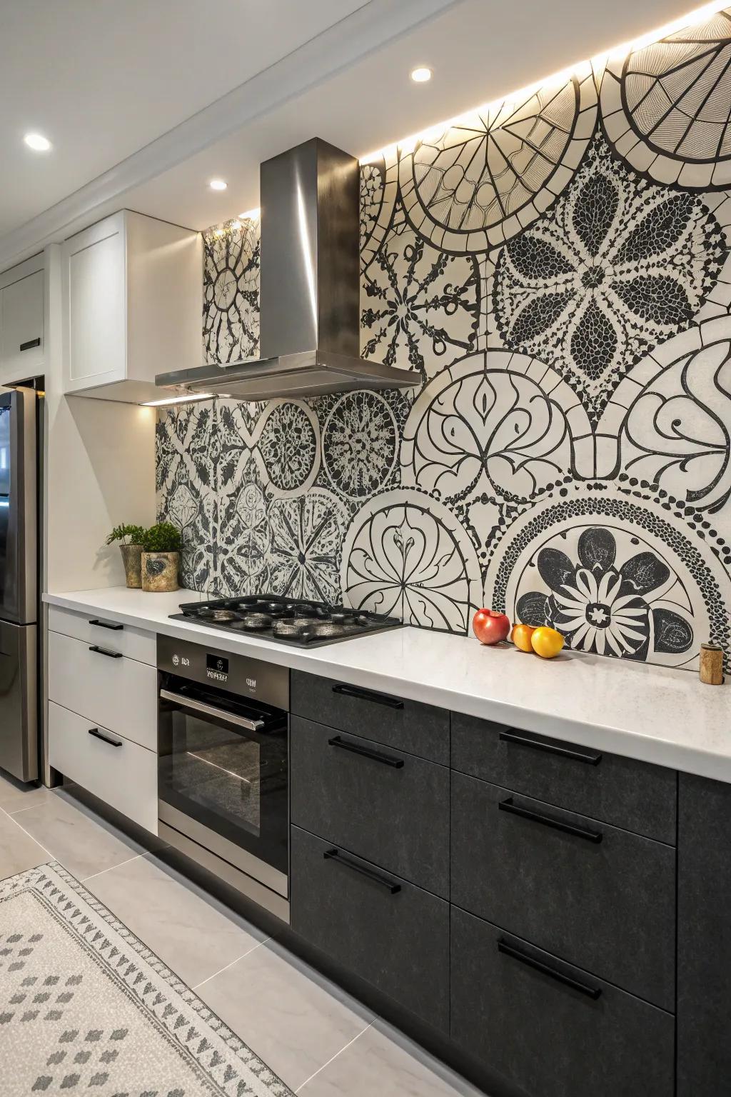 Monochrome tiny tile art crafts a captivating kitchen focal feature.