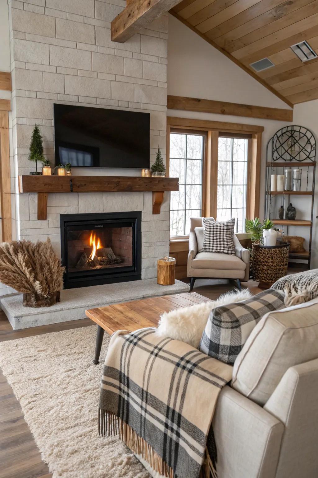 Textural layers enhance the cozy farmhouse atmosphere.