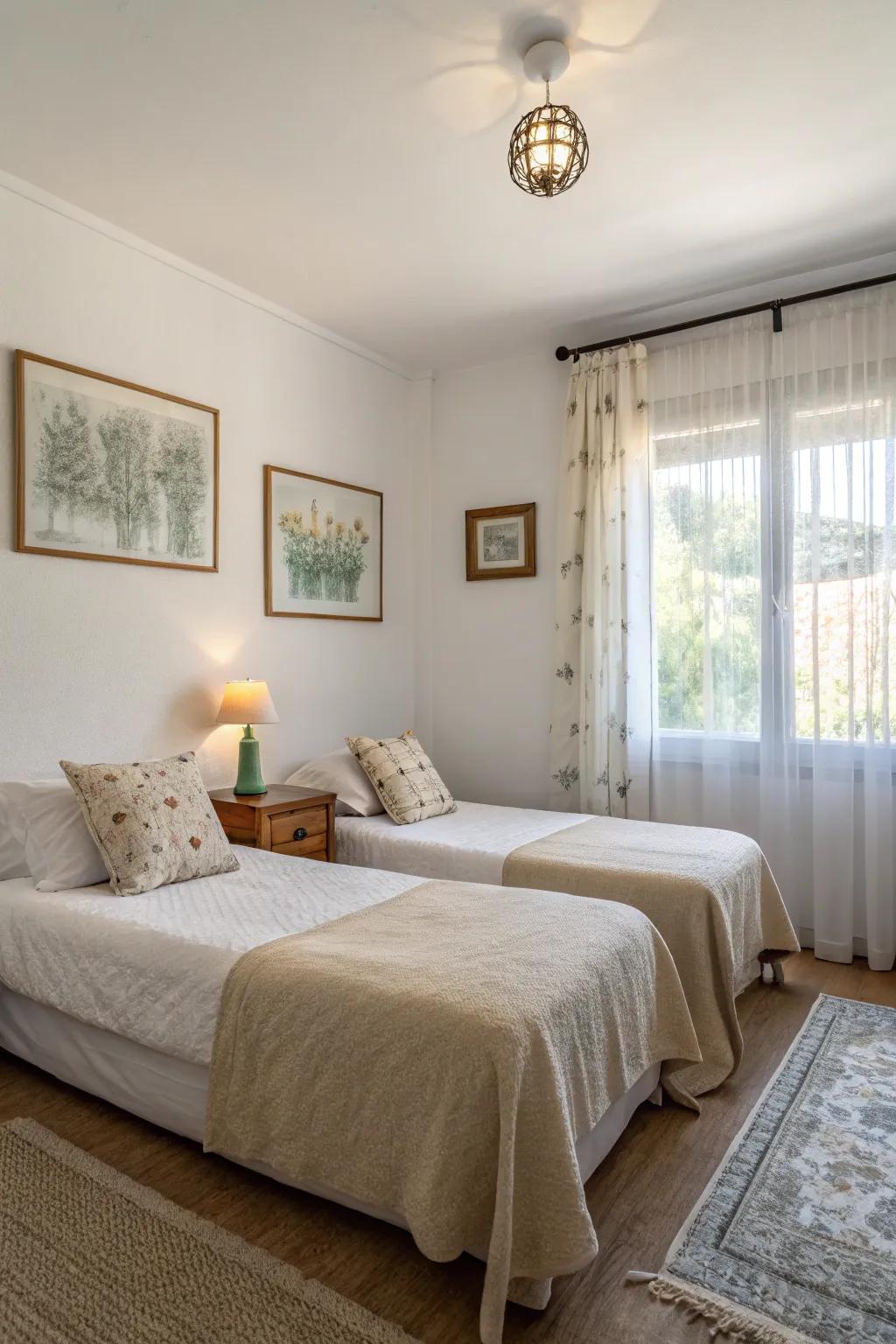 Simple decor emphasizes the tranquil feel of this farmhouse guest bedroom.