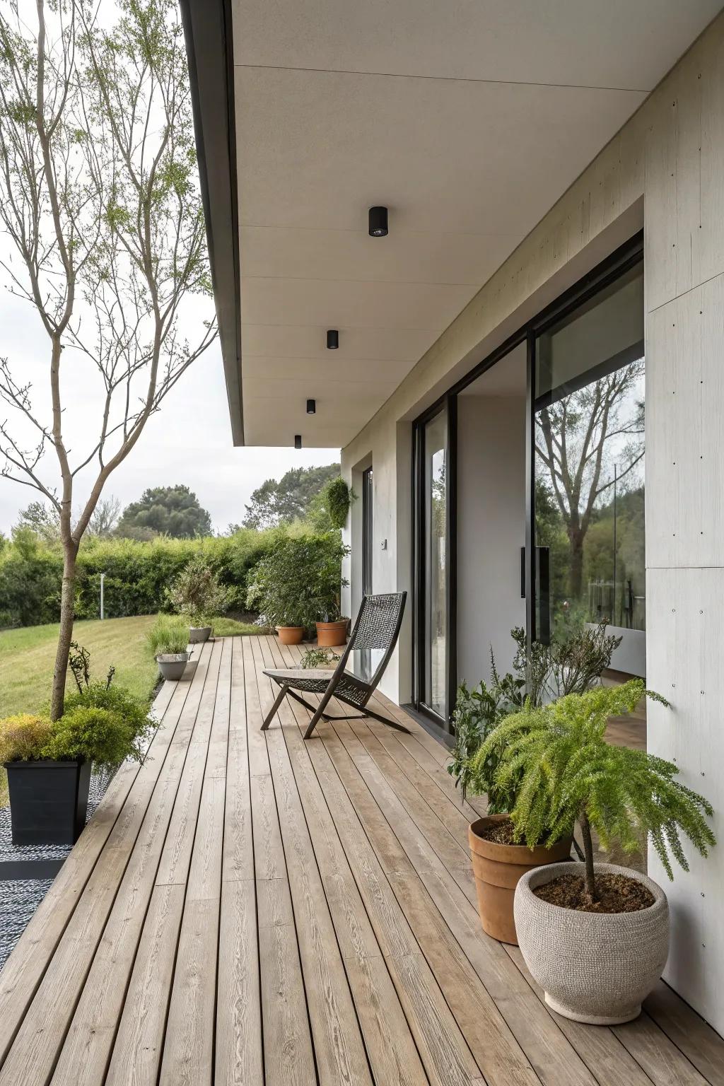 Textured flooring enriches the tactile charm of a contemporary porch.