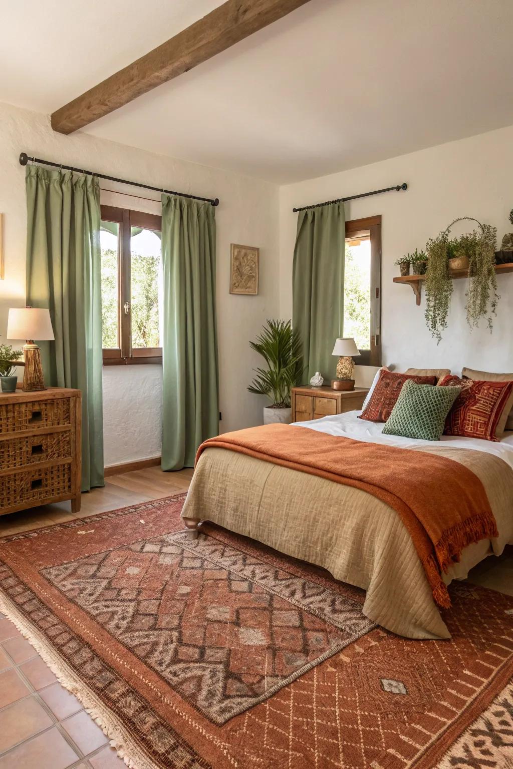 Earthy colors fashion a stabilizing and calming ambiance in a modern Spanish bedroom.