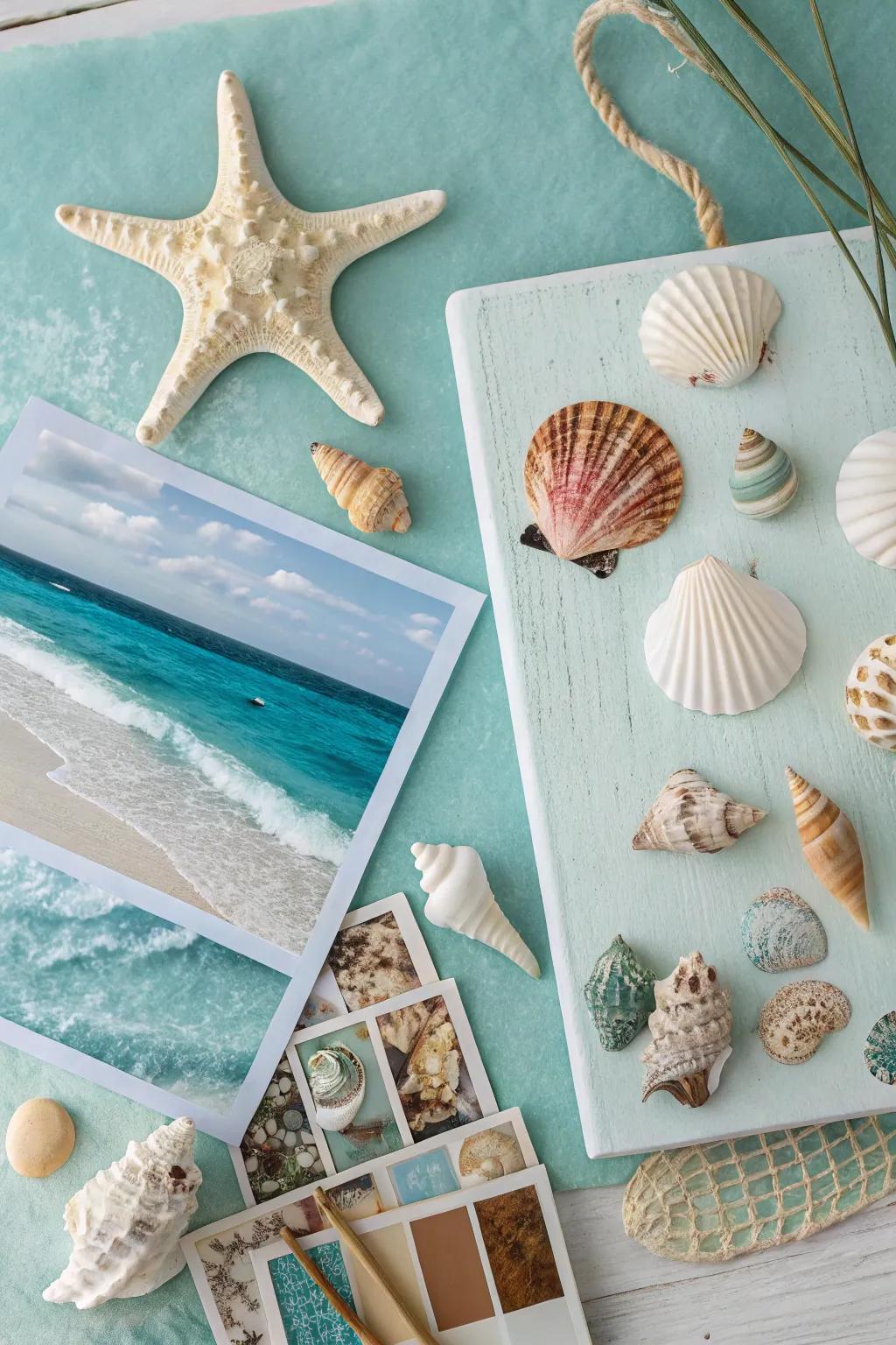 A coastal mood board with oceanic colors and sandy textures.