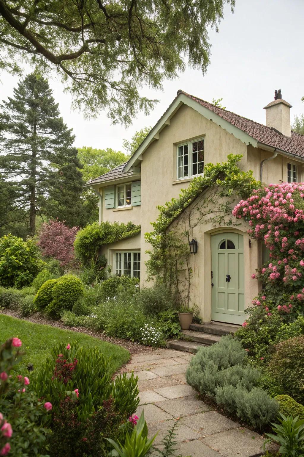 Sage green front door offers a serene and natural appearance to a beige house.