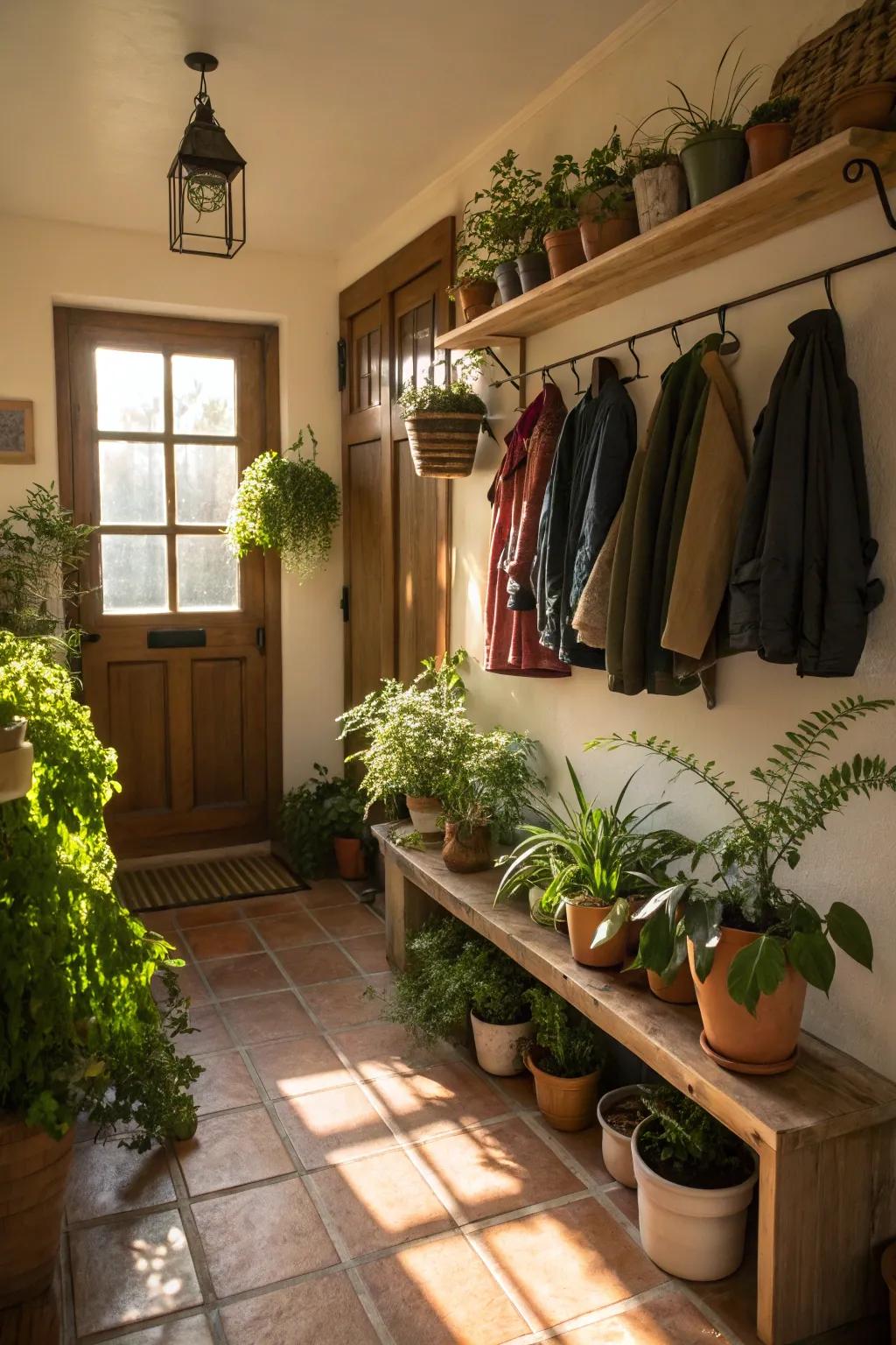 A mudroom enhanced with potted plants and hanging greenery for a refreshing feel.