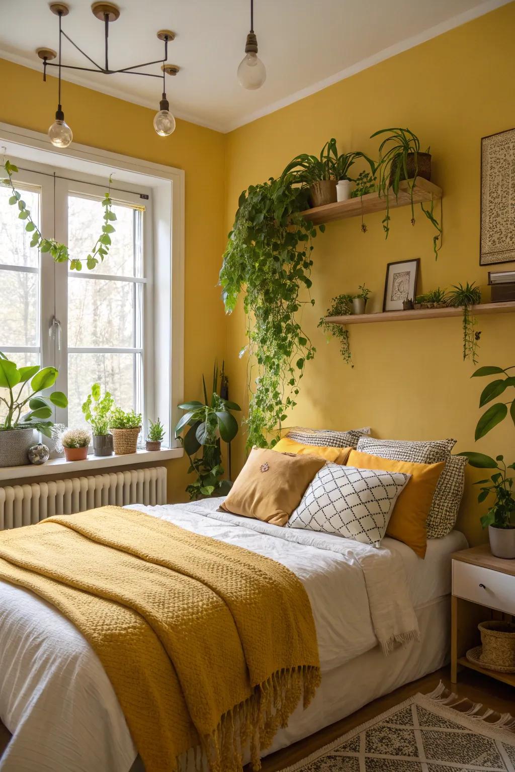 A bedroom with mustard yellow accents and lush green plants.