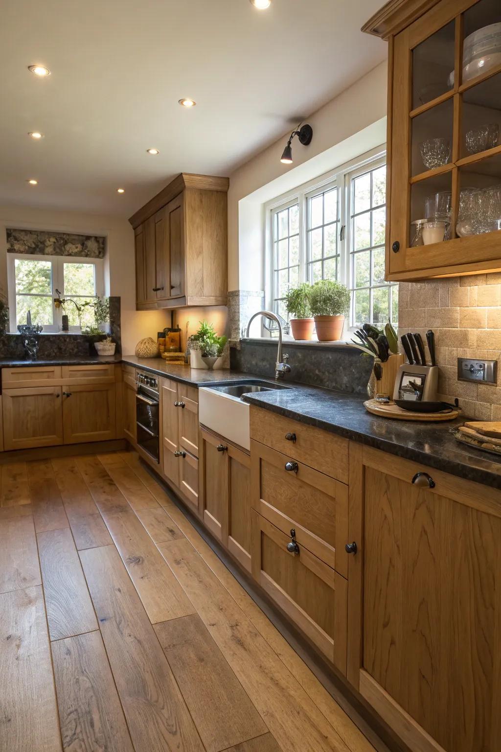 Dark countertops creating a bold contrast with oak floors.